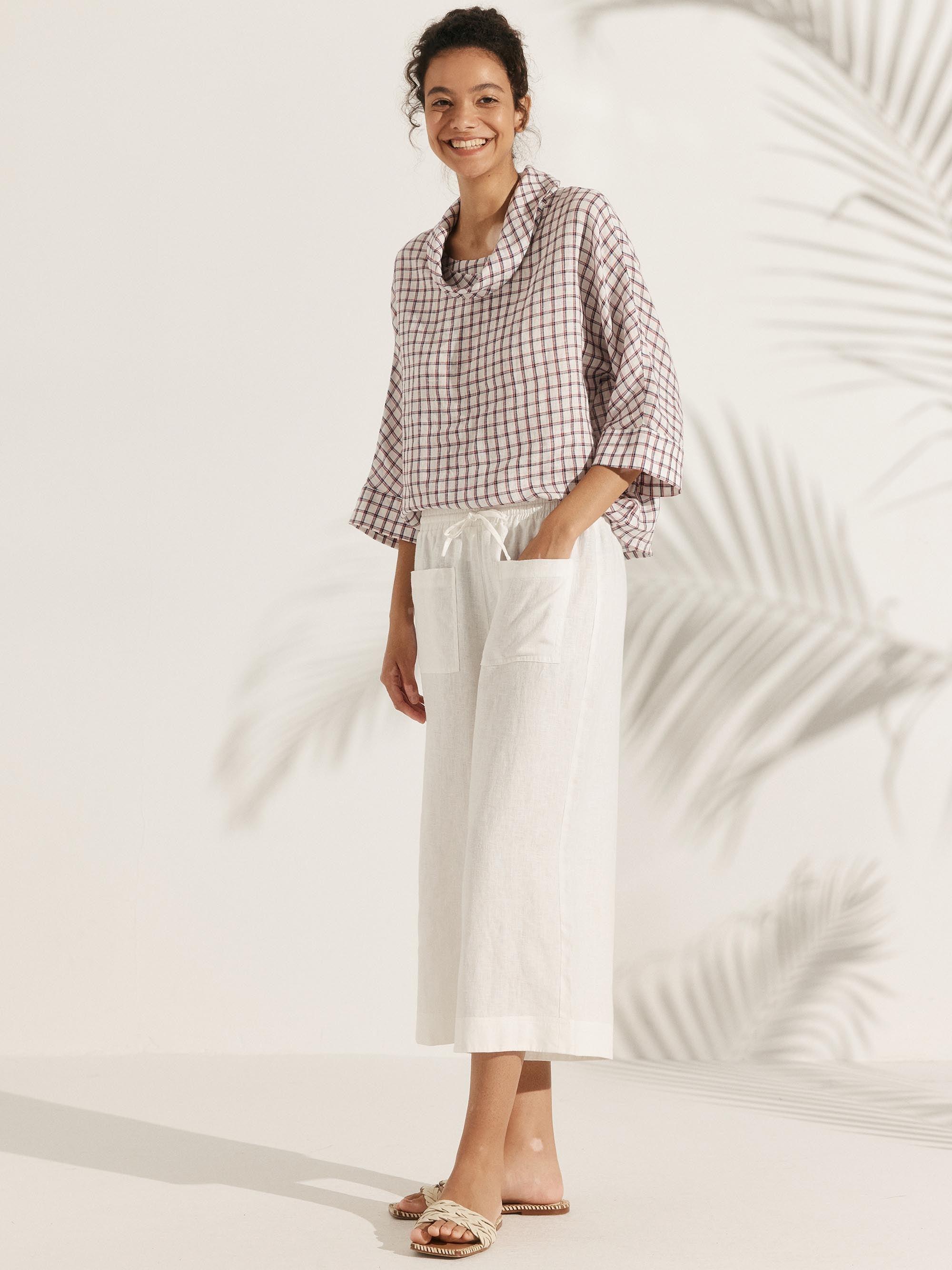 100% Linen Dropped Collar Long-Sleeve Top TRISTAN