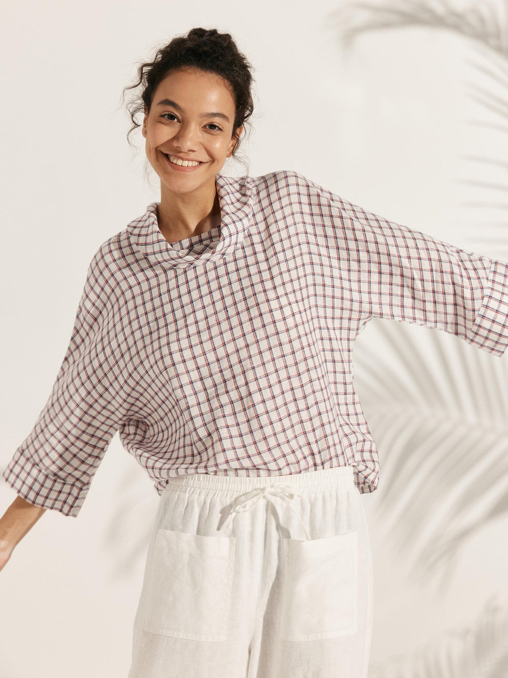 100% Linen Dropped Collar Long-Sleeve Top TRISTAN