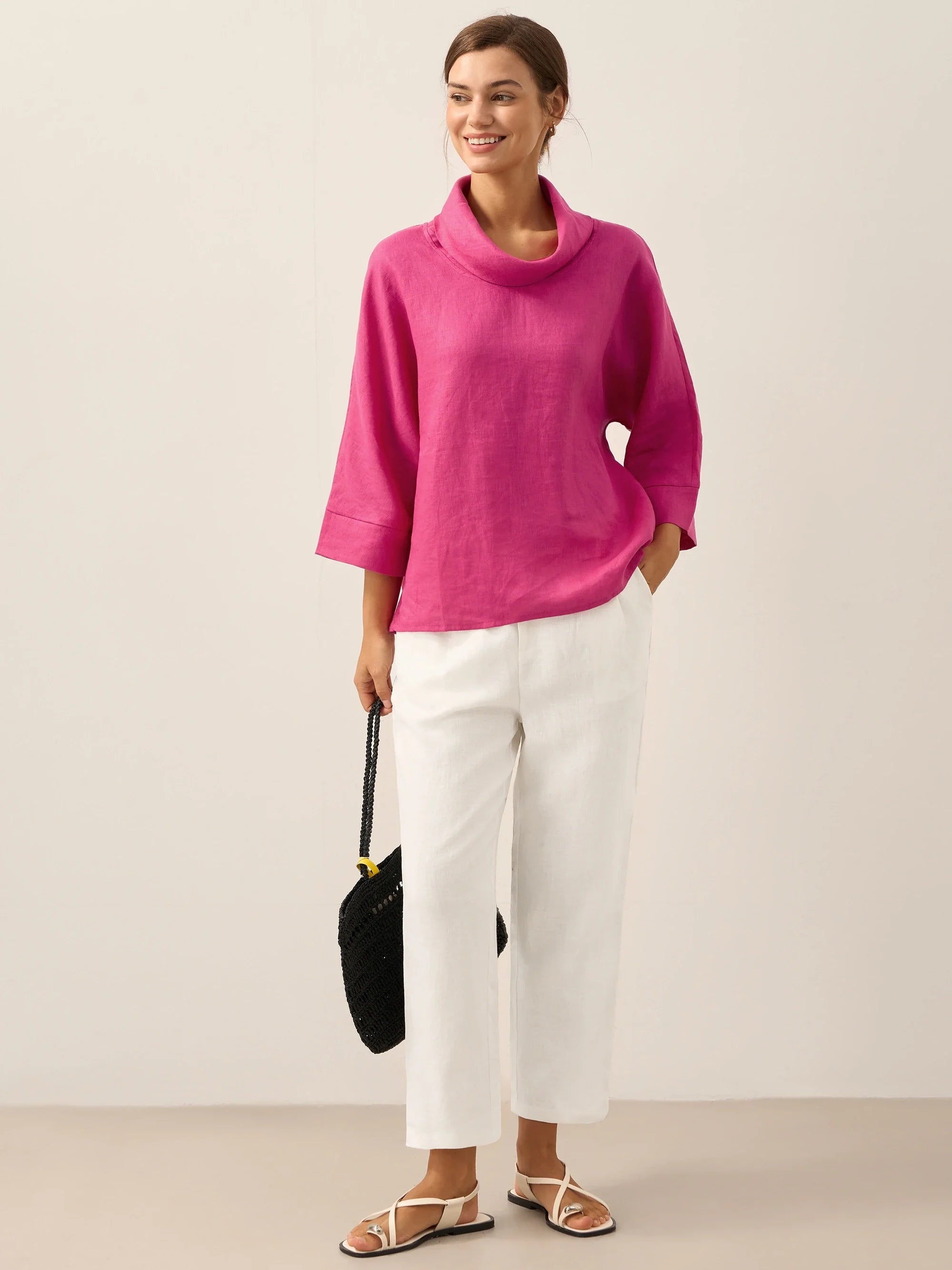 100% Linen Dropped Collar Long-Sleeve Top TRISTAN