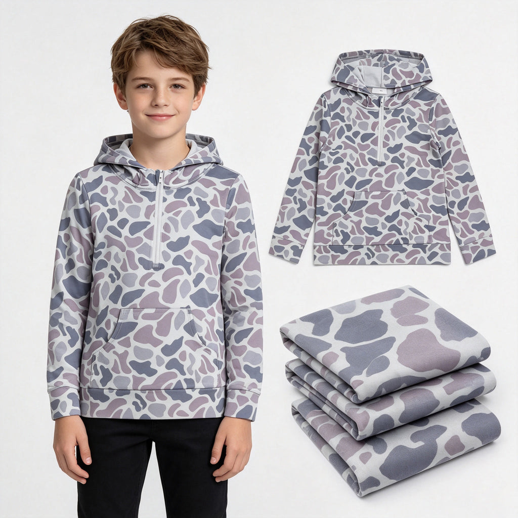 Long sleeves grey camo pocket zipper kids boys fall hoodie