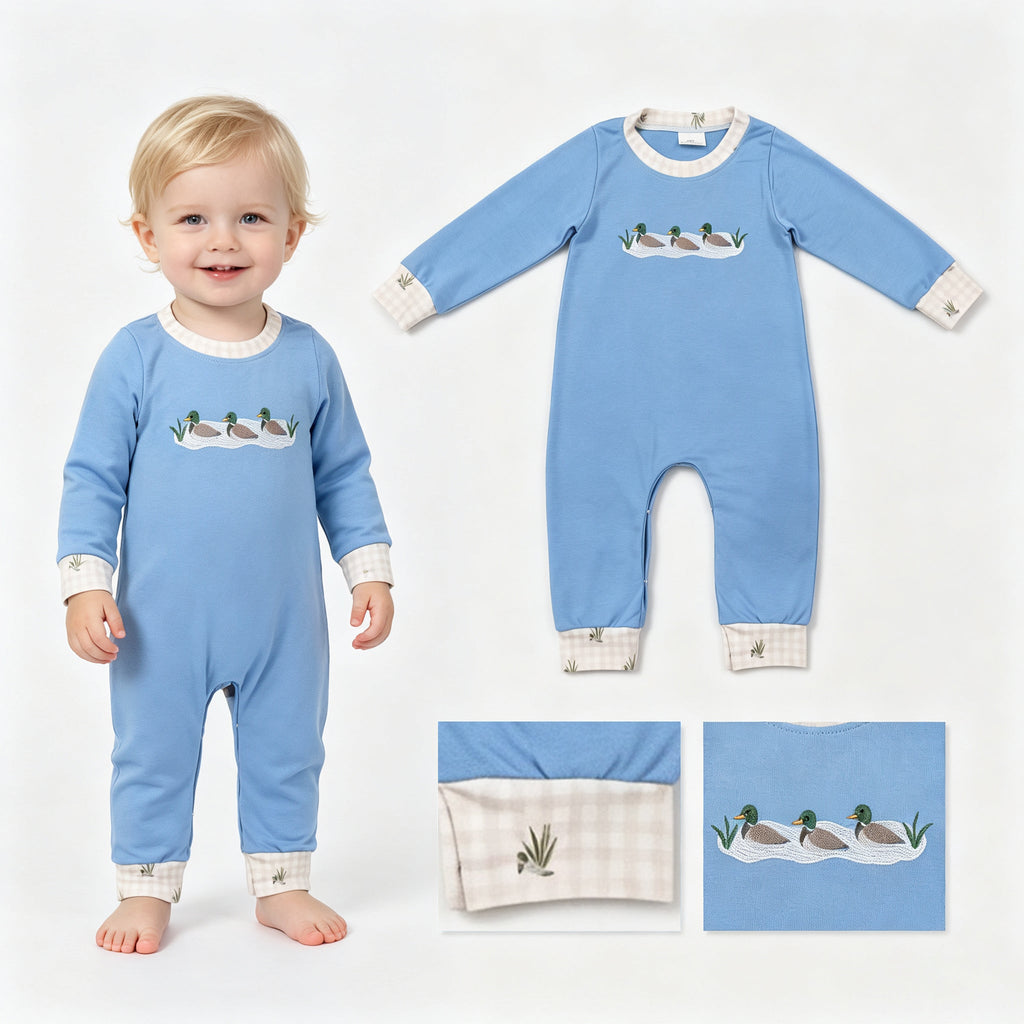 Long sleeves duck embroidery baby boy romper