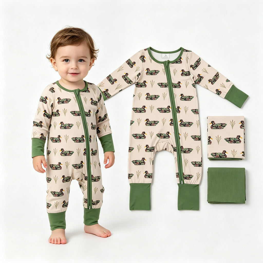 Long sleeves camo duck baby boy hunting zipper romper